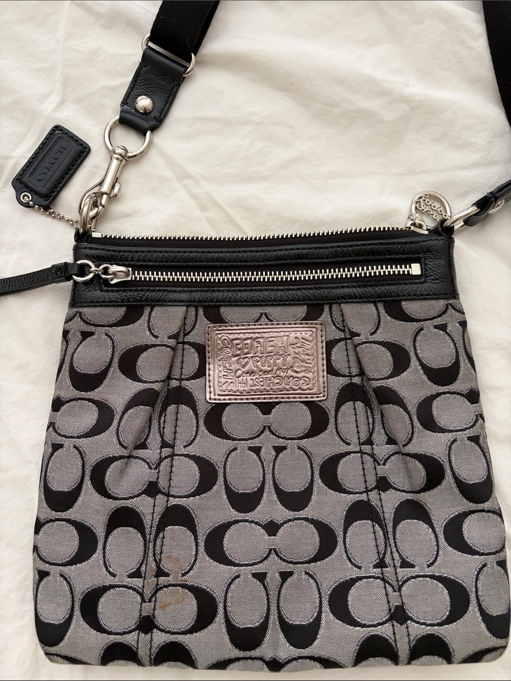 Coach Gray and Black Signature Crossbody with Leather Trim
